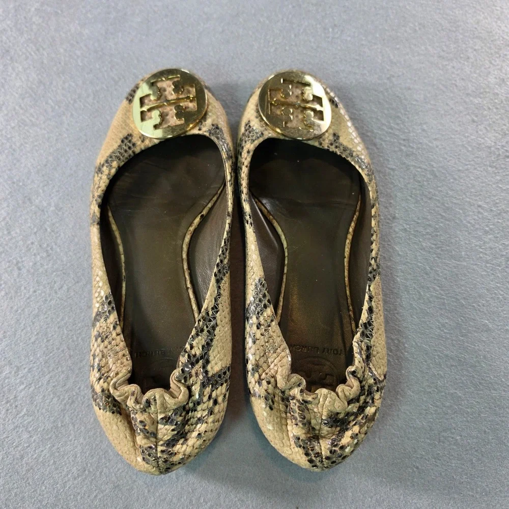 Tory Burch Reva Snakeskin Embossed Leather Ballet Flats Gold Logo Medallion